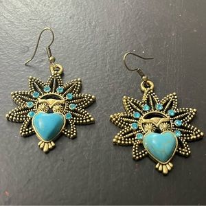 Boho owl dangle earrings with turquoise colored stones